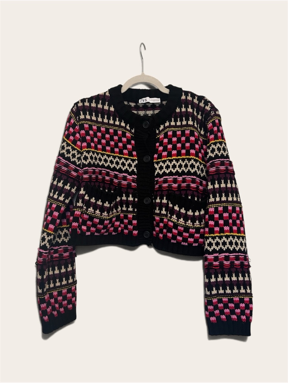 Zara Cropped Geometric Jacquard Knit Button-Up Cardigan